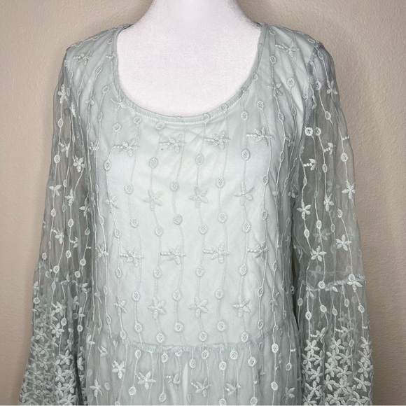 Calstyle Blue Boho Floral Embroidered Sheer Mesh Bell Sleeve Dress Sz M - Picture 2 of 10